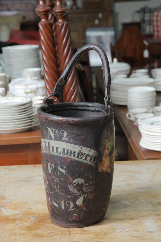 Appraisal: PAINTED LEATHER FIRE BUCKET HILDRETH Painted leather fire bucket Dated