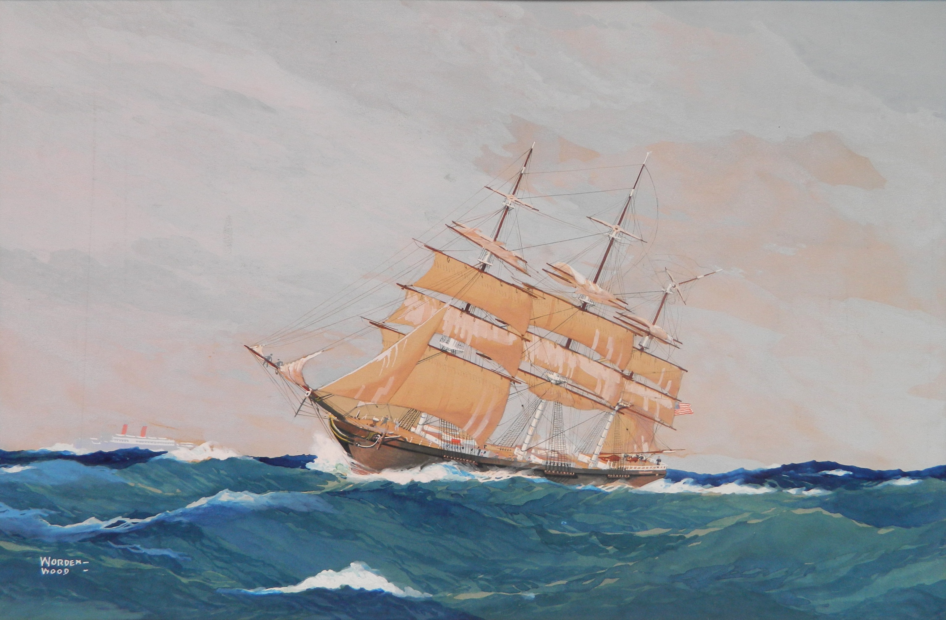 Appraisal: Worden Wood American - Three Masted Ship at Sea- gouache