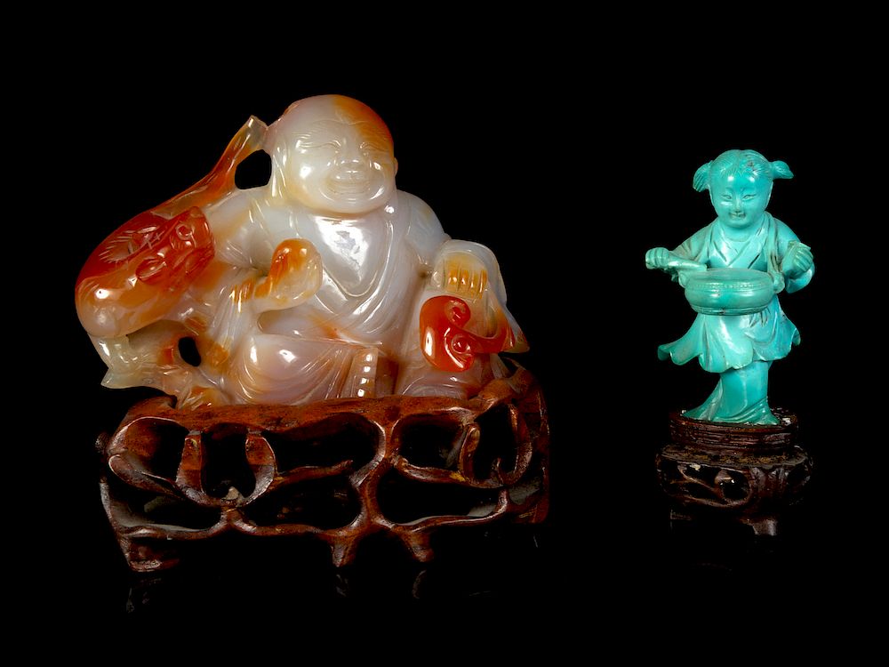 Appraisal: Two Chinese Hardstone Figures Larger height x length in x