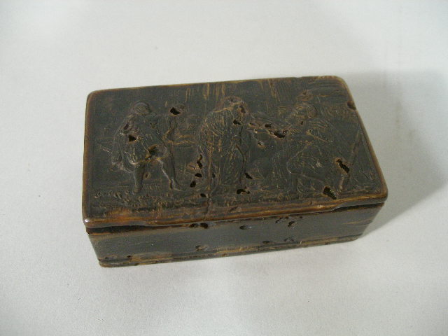 Appraisal: Antique Carved Horn Snuffbox th c unusual form w hinged