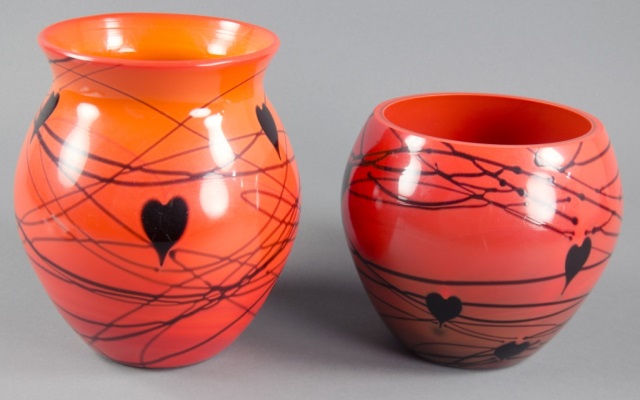 Appraisal: Two Fenton Bittersweet Orange Glass VasesOne by artist Delmer Strouasser