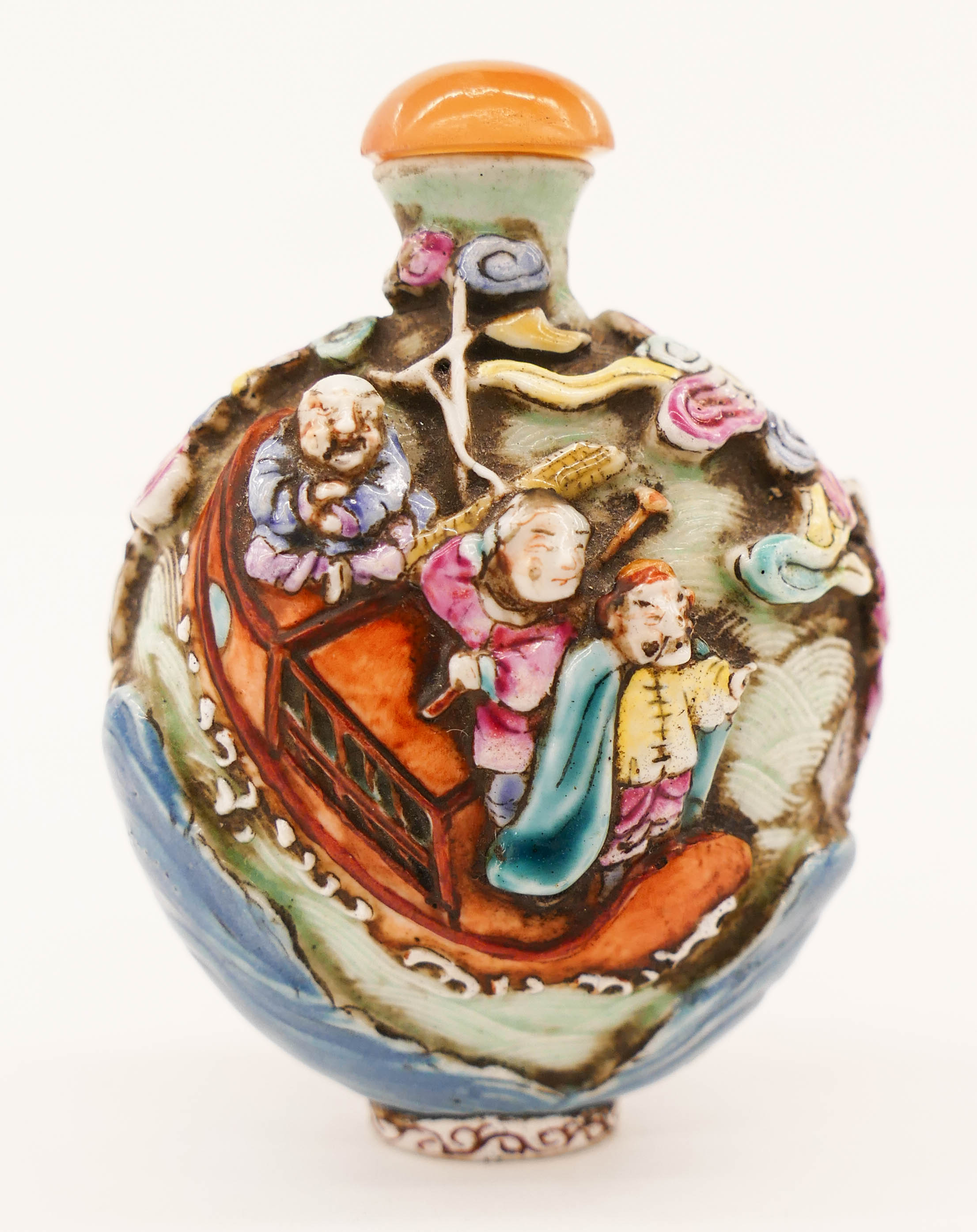 Appraisal: Chinese Qing Molded Immortals Snuff Bottle '' Polychrome enameled with