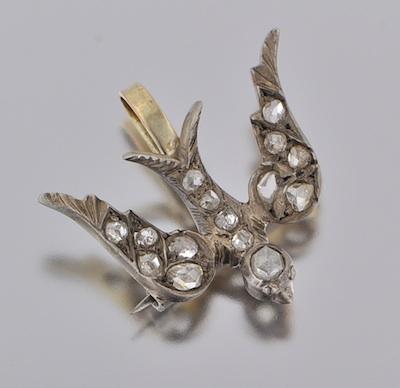 Appraisal: A Georgian Style Diamond Bird Brooch Silver brooch in the