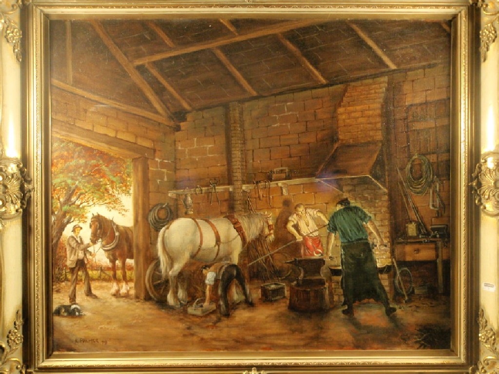 Appraisal: R Palmer Blacksmith's forge with horses and figures oil on