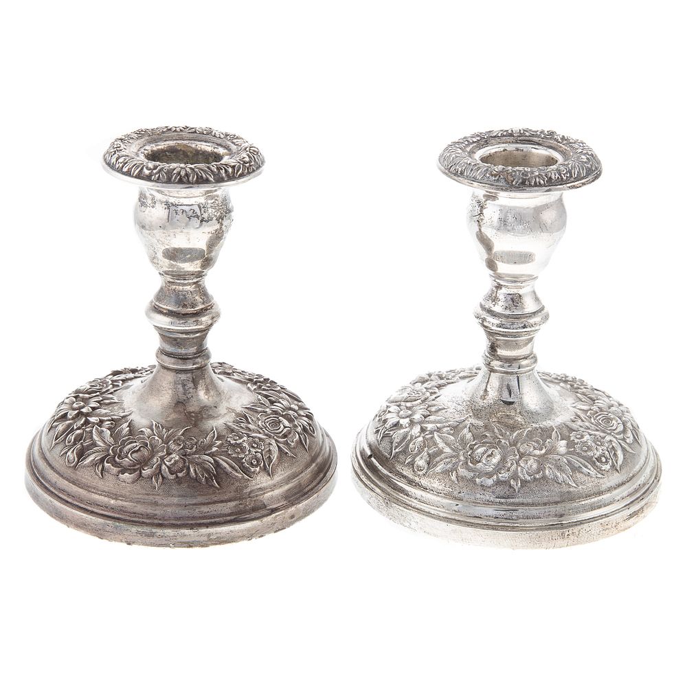 Appraisal: Pair S Kirk Son Sterling Repousse Candlesticks Model weighted in