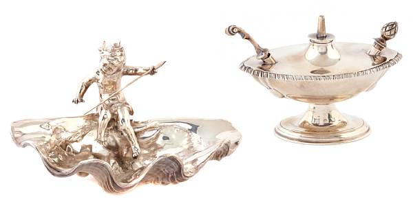 Appraisal: An Edwardian silver cigar lighter and Continental plate shell bowl