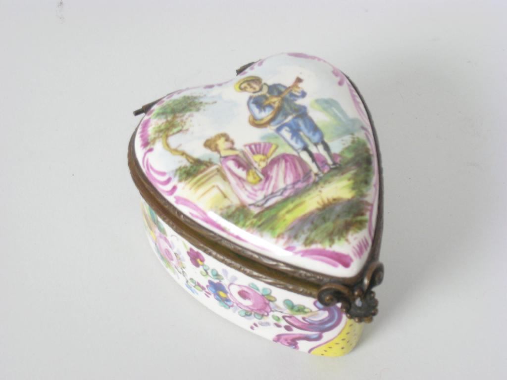 Appraisal: A heart shaped enamel Trinket Box painted lovers marked Lille