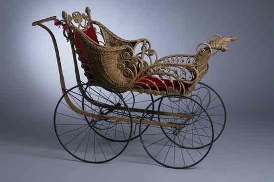 Appraisal: VICTORIAN WICKER BABY CARRIAGE Metal and wooden frame with double