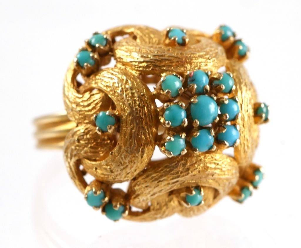 Appraisal: K textured yellow gold ring with small turquoise stones Triple