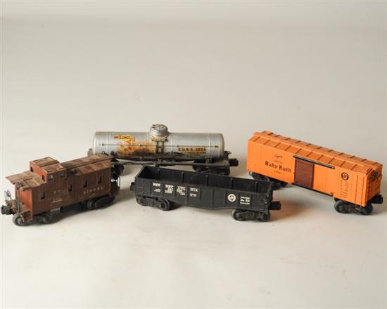 Appraisal: Lionel O gauge Cars X Baby Ruth Boxcar Caboose damaged