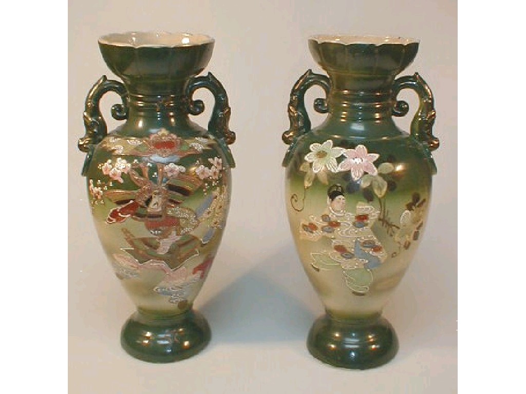 Appraisal: A pair of Japanese satsuma baluster vases green ground and