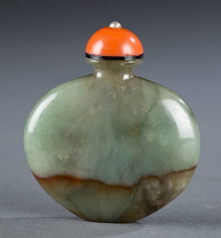 Appraisal: Jadeite flattened round Chinese snuff bottle A Chinese flattened round