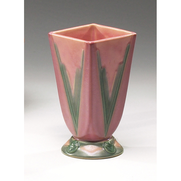 Appraisal: Roseville Futura vase flaring squared shape in pink with green