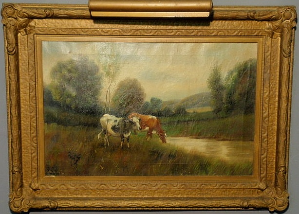 Appraisal: Oil on canvas painting of a pastoral scene with cows