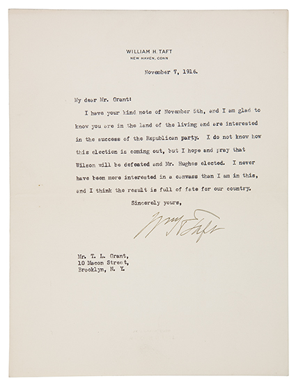 Appraisal: COMMENTS ON THE COUNTRY'S FATE TAFT WILLIAM HOWARD Typed Letter