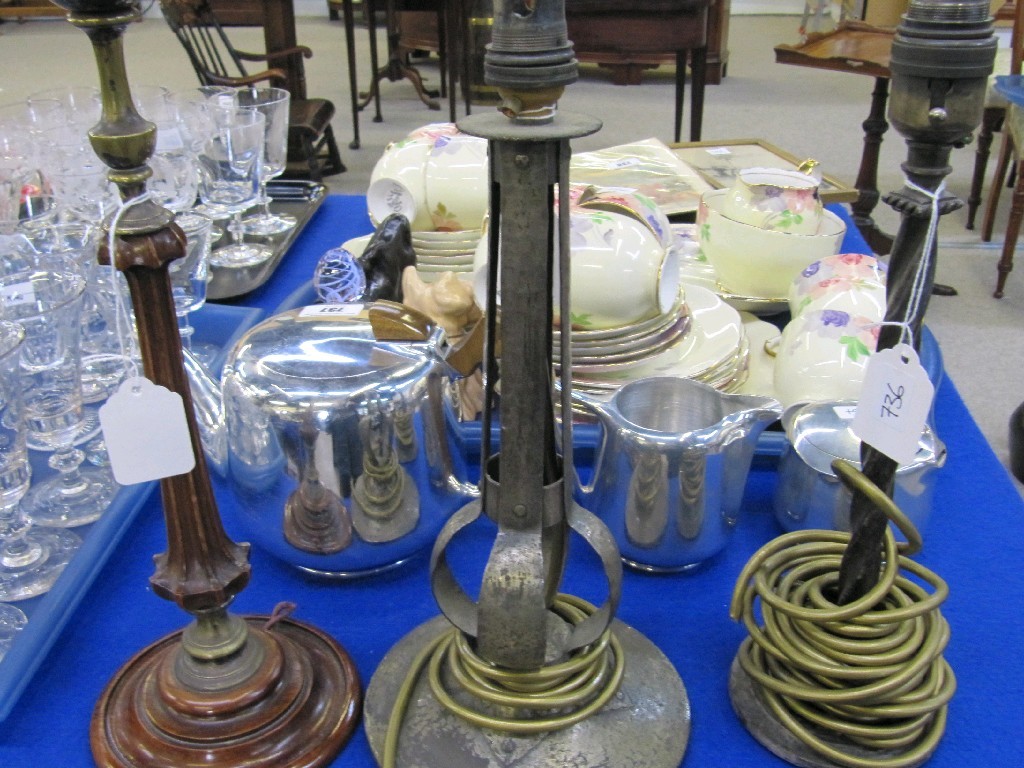 Appraisal: Lot comprising two metalware lamp bases and brass and carved