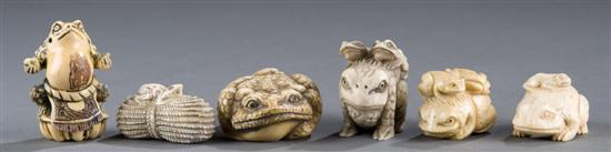 Appraisal: Group of carved ivory frog Netsukes th century Forward facing