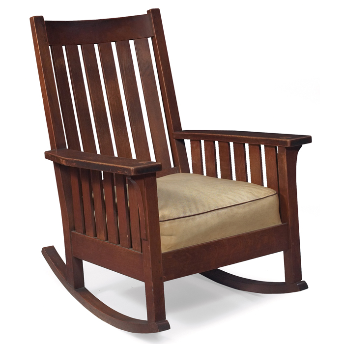 Appraisal: L JG Stickley rocker six vertical slats at back and