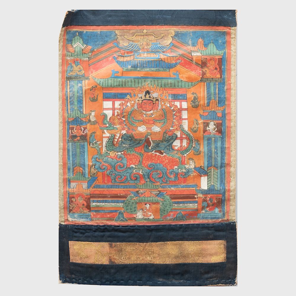 Appraisal: Tibetan Thangka Depicting Nartakarakta Vaishravana Tibetan Thangka Depicting Nartakarakta Vaishravana