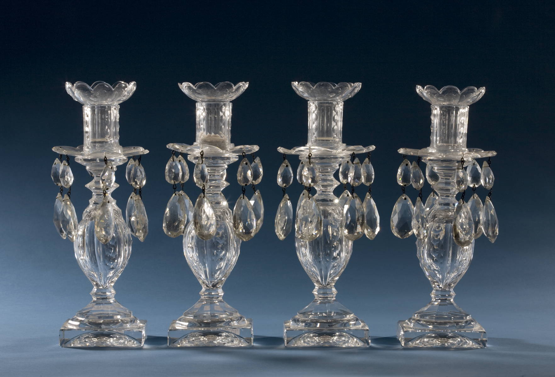 Appraisal: SET OF FOUR ENGLISH CUT GLASS GIRONDOLE CANDLESTICKS Height inches