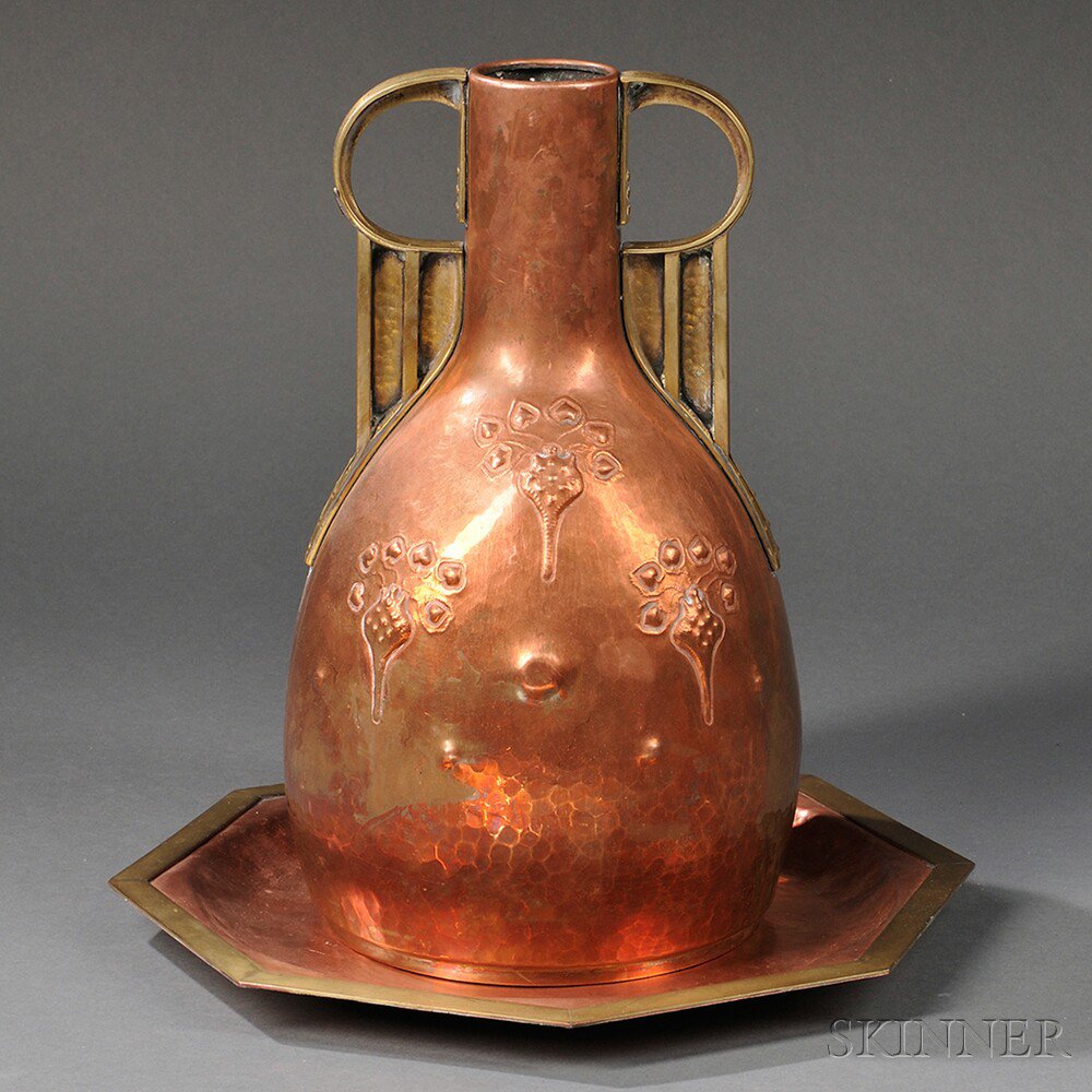 Appraisal: Arts Crafts Hammered Copper Vase and Tray Copper brass Probably