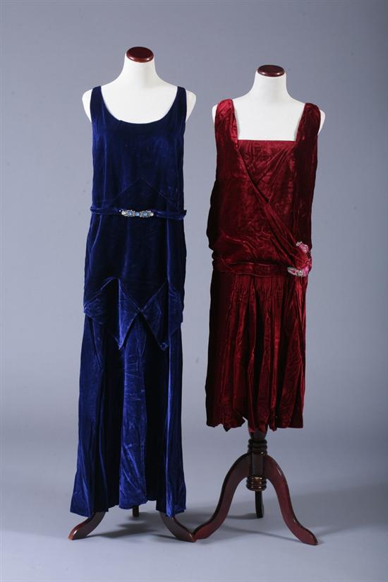 Appraisal: TWO FLAPPER ERA VELVET EVENING DRESSES One a sleeveless knee-length