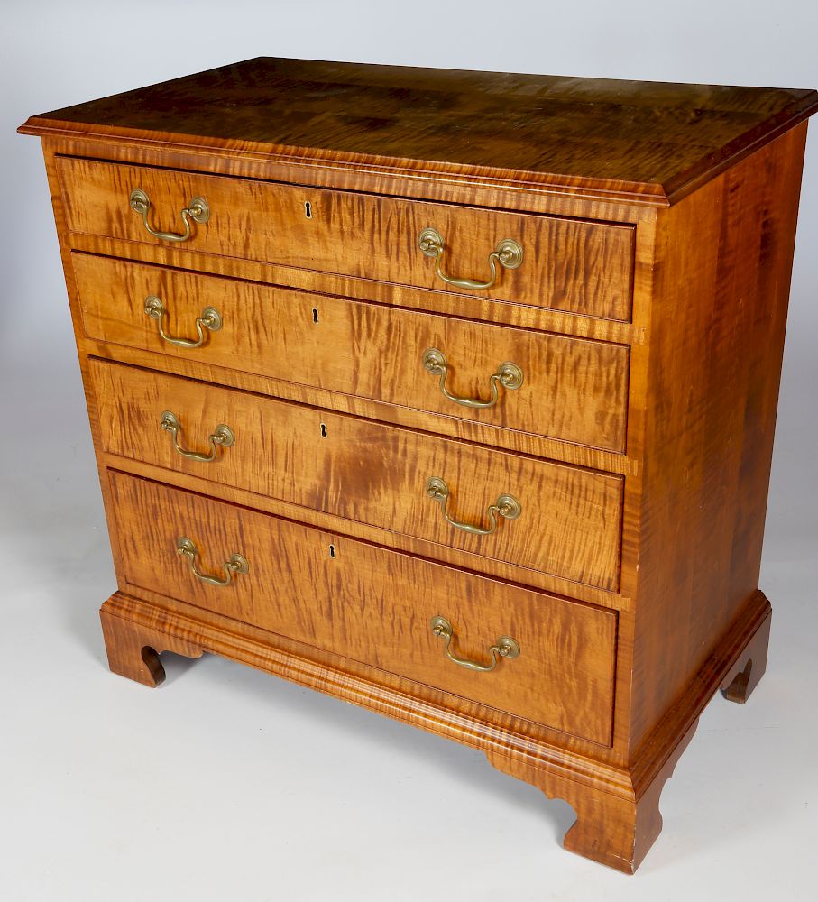 Appraisal: Marshall James Tiger Maple Chippendale Style Four-Graduated Chest of Drawers