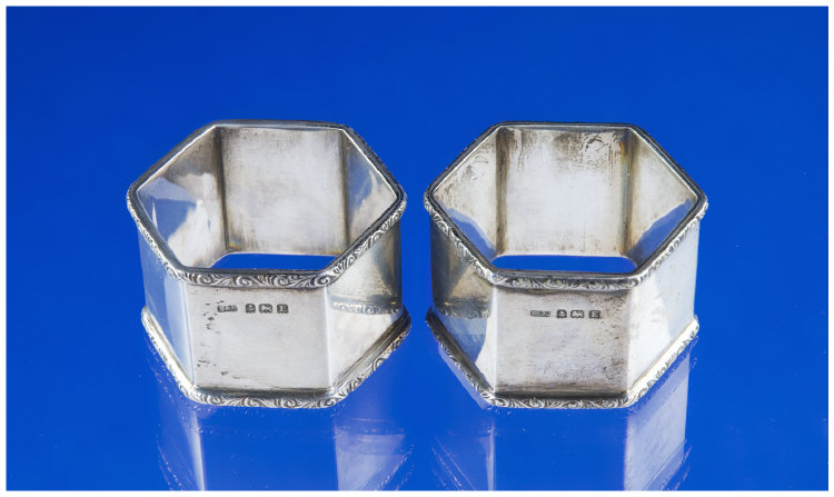 Appraisal: Boxed Pair Of Silver Napkin Rings Of Hexagonal Form With