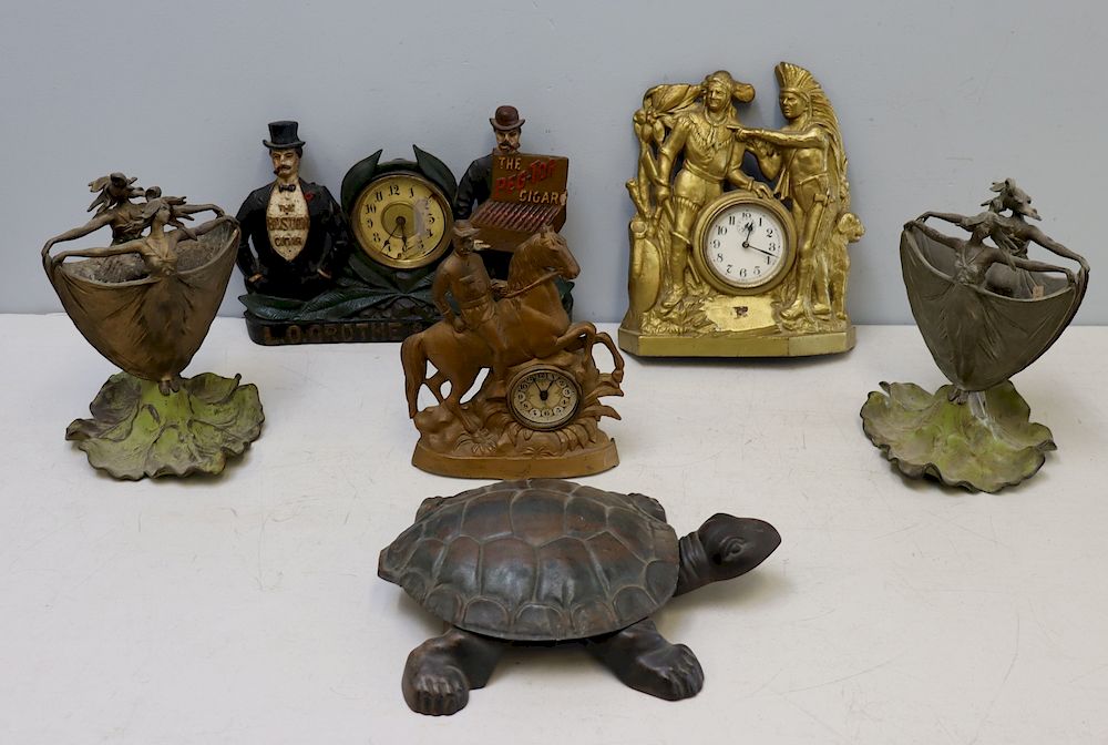 Appraisal: Cast Iron Cigar Advertising Clocks Turtle Ashtray Figures L Groeth