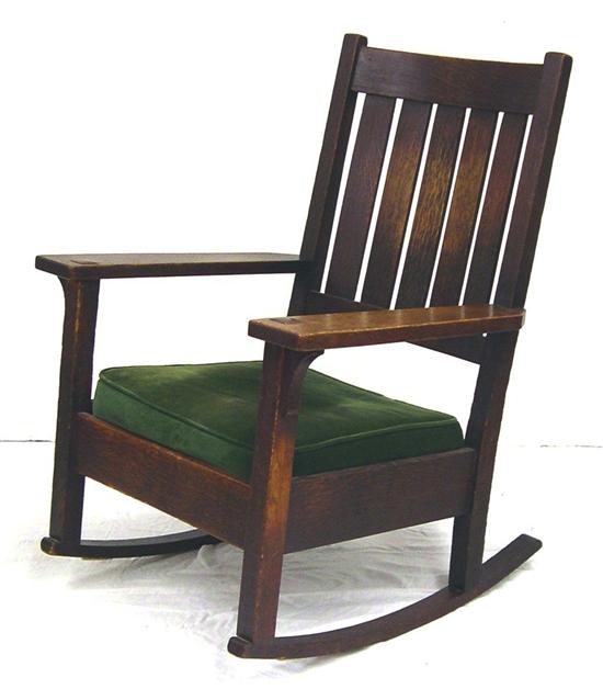 Appraisal: Gustav Stickley oak rocking chair - marked with red decal