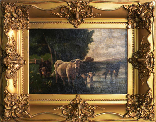 Appraisal: Oil on canvas landscape with cows late th c signed