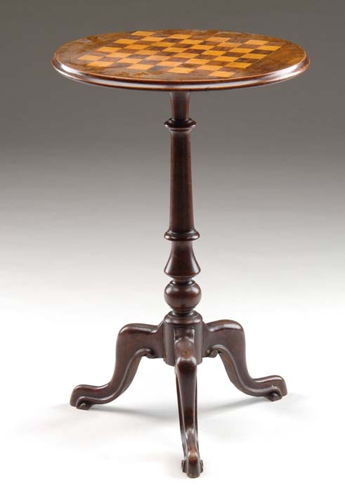 Appraisal: ANTIQUE CANDLE STAND WITH CHECKERBOARD TOP Molded edge round top