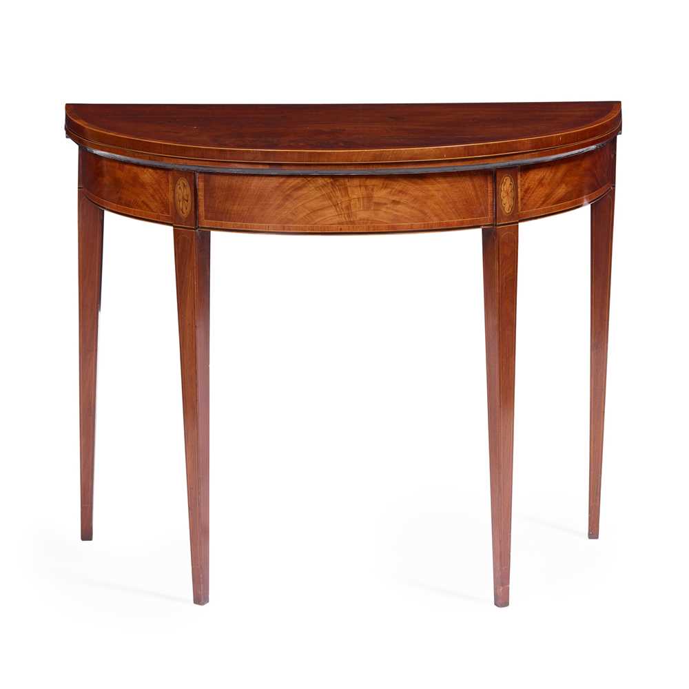 Appraisal: GEORGE III MAHOGANY AND KINGWOOD DEMILUNE CARD TABLE LATE TH