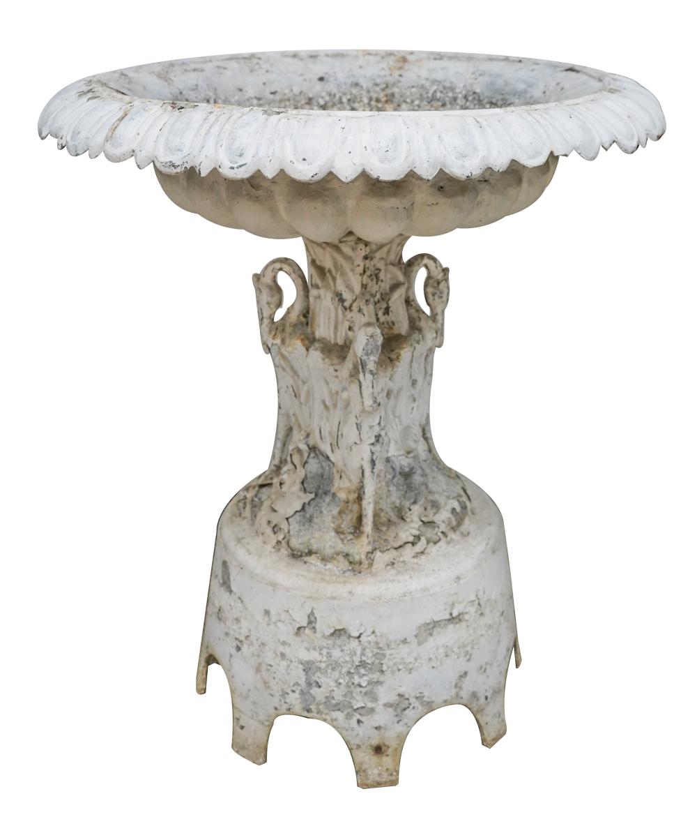 Appraisal: WHITE-PAINTED IRON BIRDBATHthe round basin on a tripartite figural column