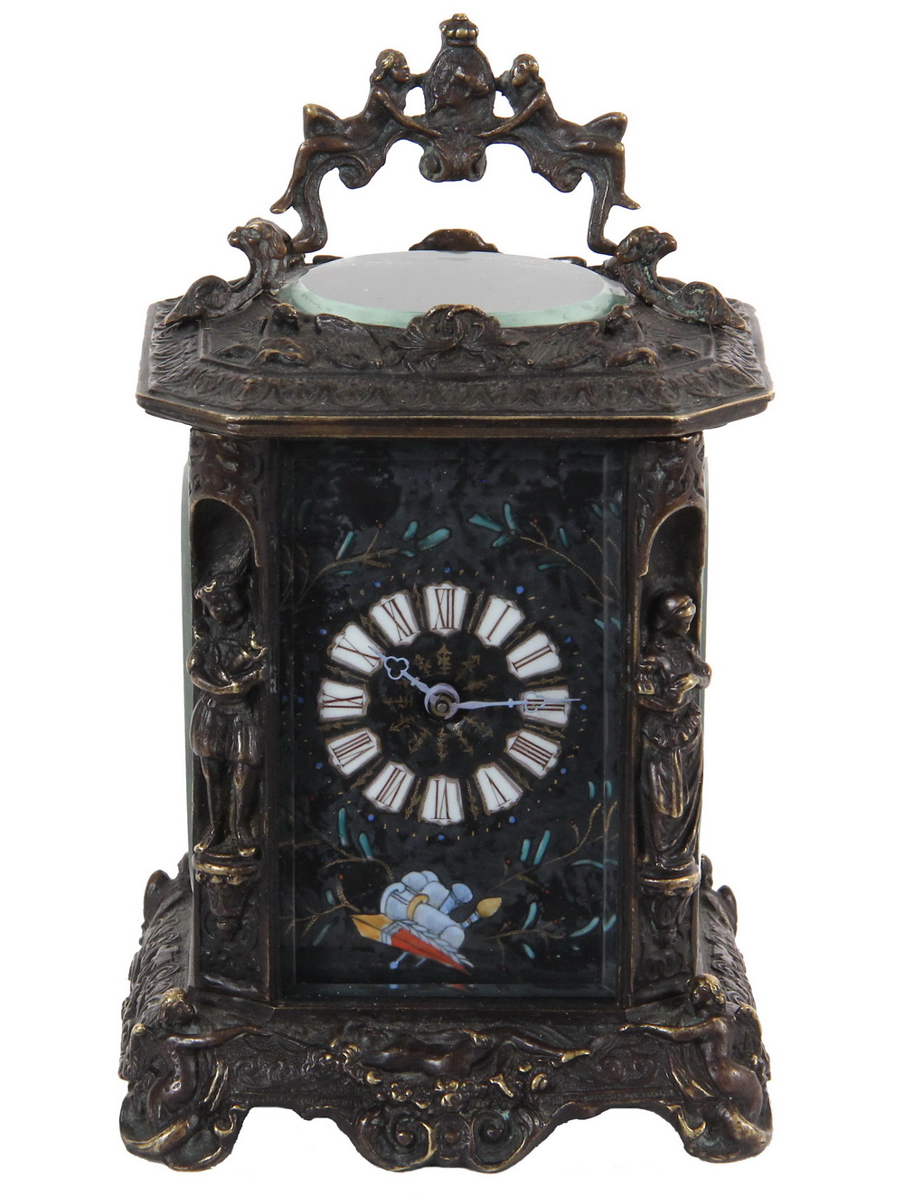 Appraisal: FIGURAL CARRIAGE CLOCK Patinated Bronze and Enamel Figural Clock having