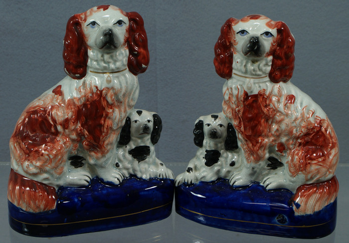 Appraisal: Pr Staffordshire double spaniel figurines cobalt platform bases h some