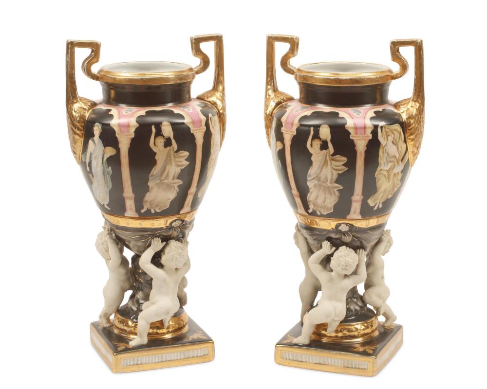 Appraisal: A PAIR OF SEVRES-STYLE PORCELAIN URNSA pair of Sevres-style porcelain