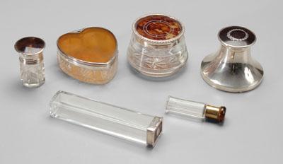 Appraisal: Six glass dresser items perfume with tortoise lid intaglio-cut herringbone