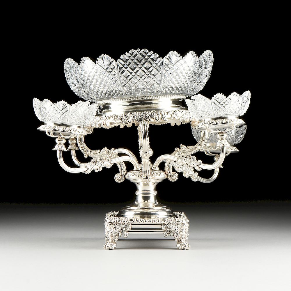 Appraisal: A VICTORIAN CUT CRYSTAL MOUNTED AND SILVER PLATED FOUR BRANCH