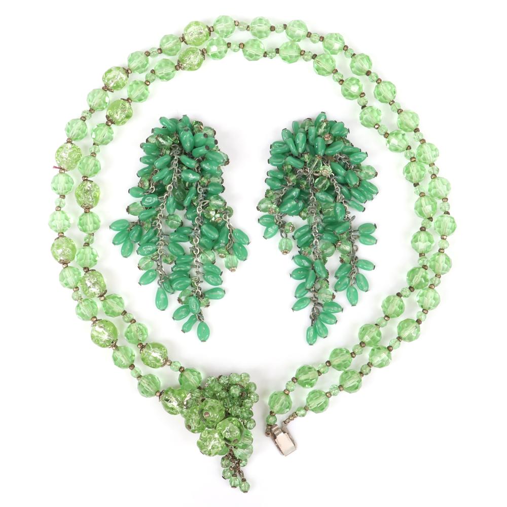 Appraisal: MIRIAM HASKELL GREEN BEAD GROUP DOUBLE STRAND NECKLACE WITH MOLDED