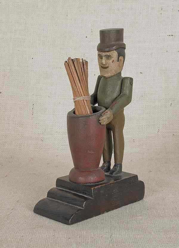 Appraisal: Carved and painted pine figural match holder ca h