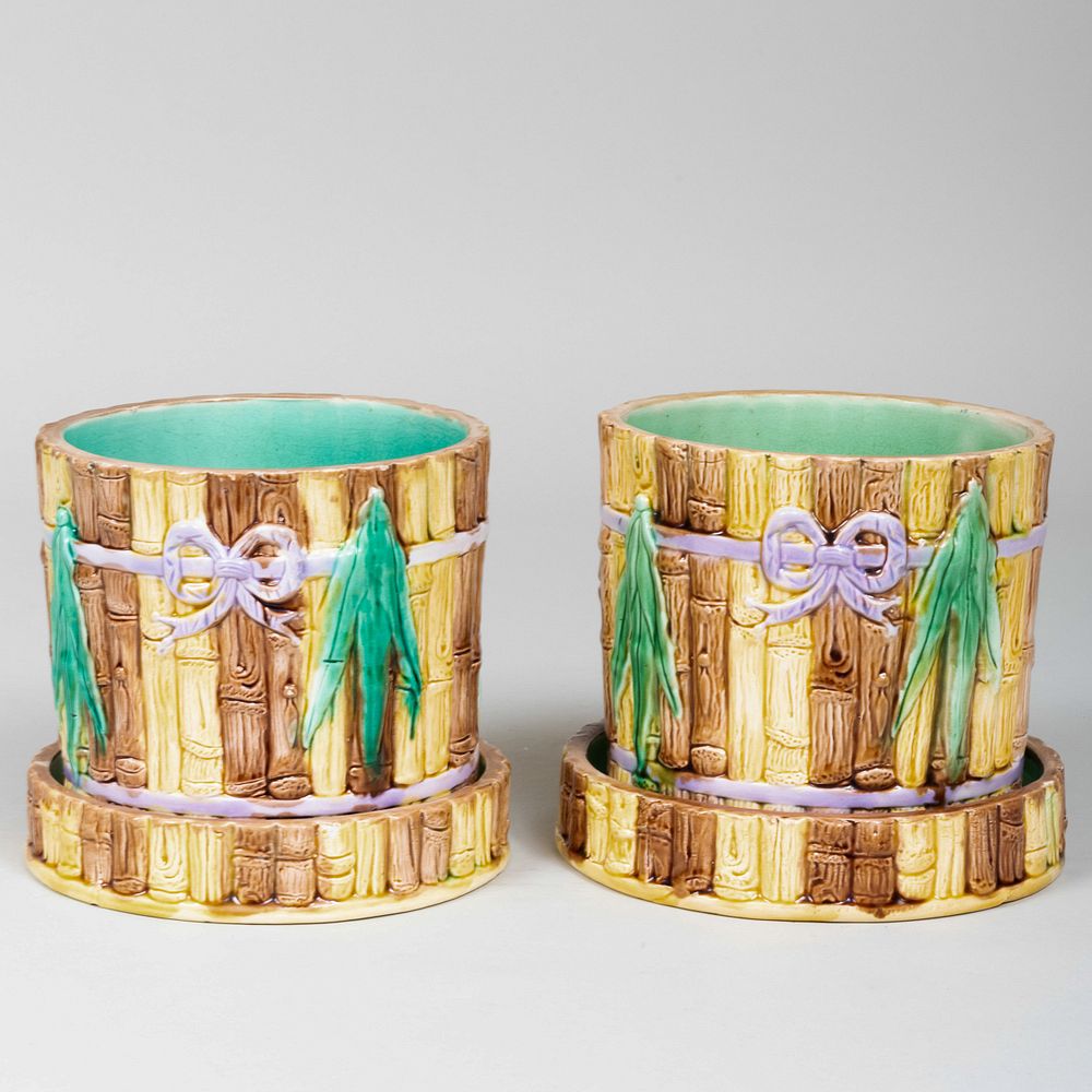 Appraisal: Pair of Majolica Faux Bamboo Cache Pot Unmarked x in