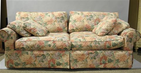 Appraisal: PEM-KAY FURNITURE PINK FLORAL UPHOLSTERED SOFA The two loose seatback