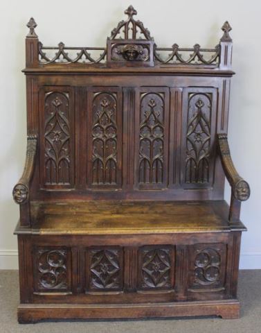 Appraisal: Gothic Revival Walnut Hall Bench A walnut lift seat hall