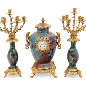 Appraisal: A French Gilt Bronze and Cloisonn Japonisme Clock Garniture Achille