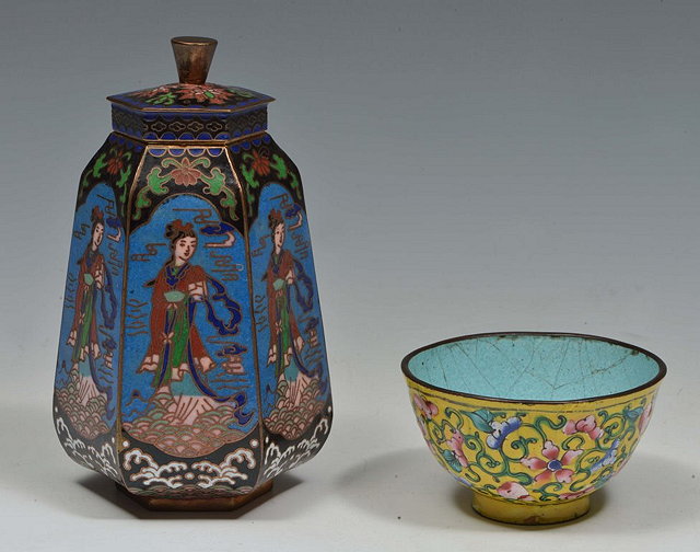 Appraisal: A CHINESE YELLOW ENAMEL TEA BOWL and a cloisonne hexagonal