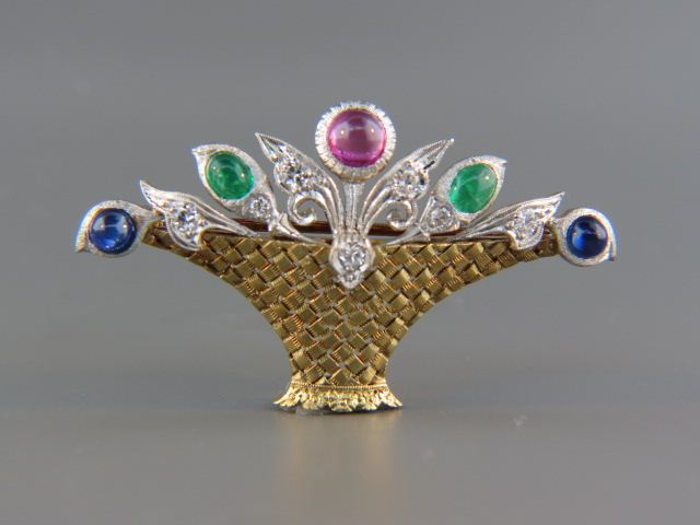 Appraisal: Sapphire Emerald Ruby Diamond Brooch basket of flowers k yellow