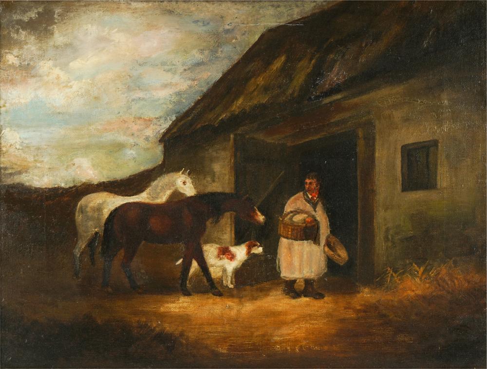 Appraisal: ATTRIBUTED TO GEORGE MORLAND - THE HORSE FEEDERoil on canvas