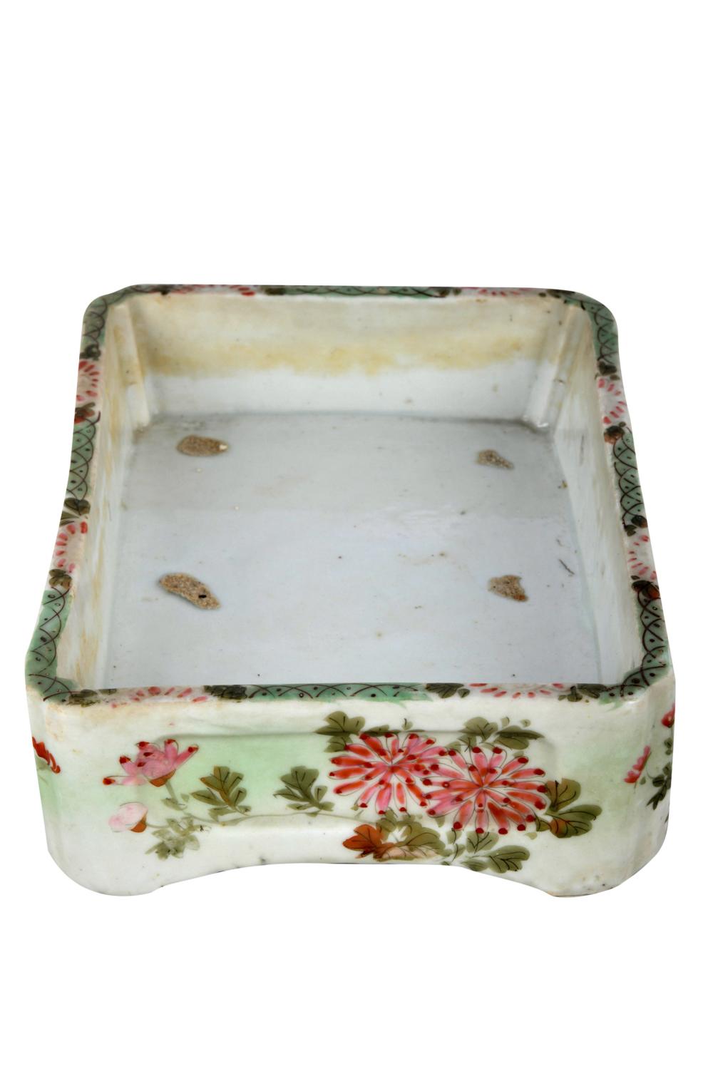 Appraisal: CHINESE FOOTED PORCELAIN BASINunmarked rectangular with green and pink decoration