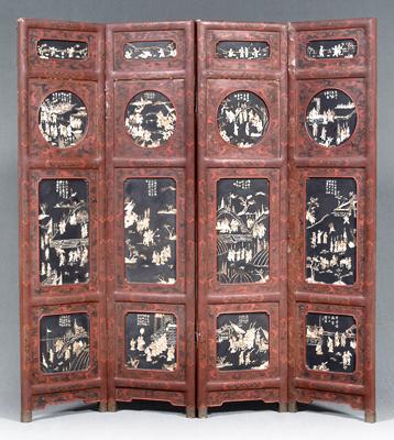 Appraisal: Chinese lacquered four panel screen red and black lacquer engraved